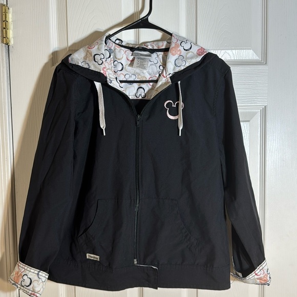 Disney Parks Rain Jacket Womens M Coat Mickey Mouse Black Hooded Windbreaker - Picture 1 of 9